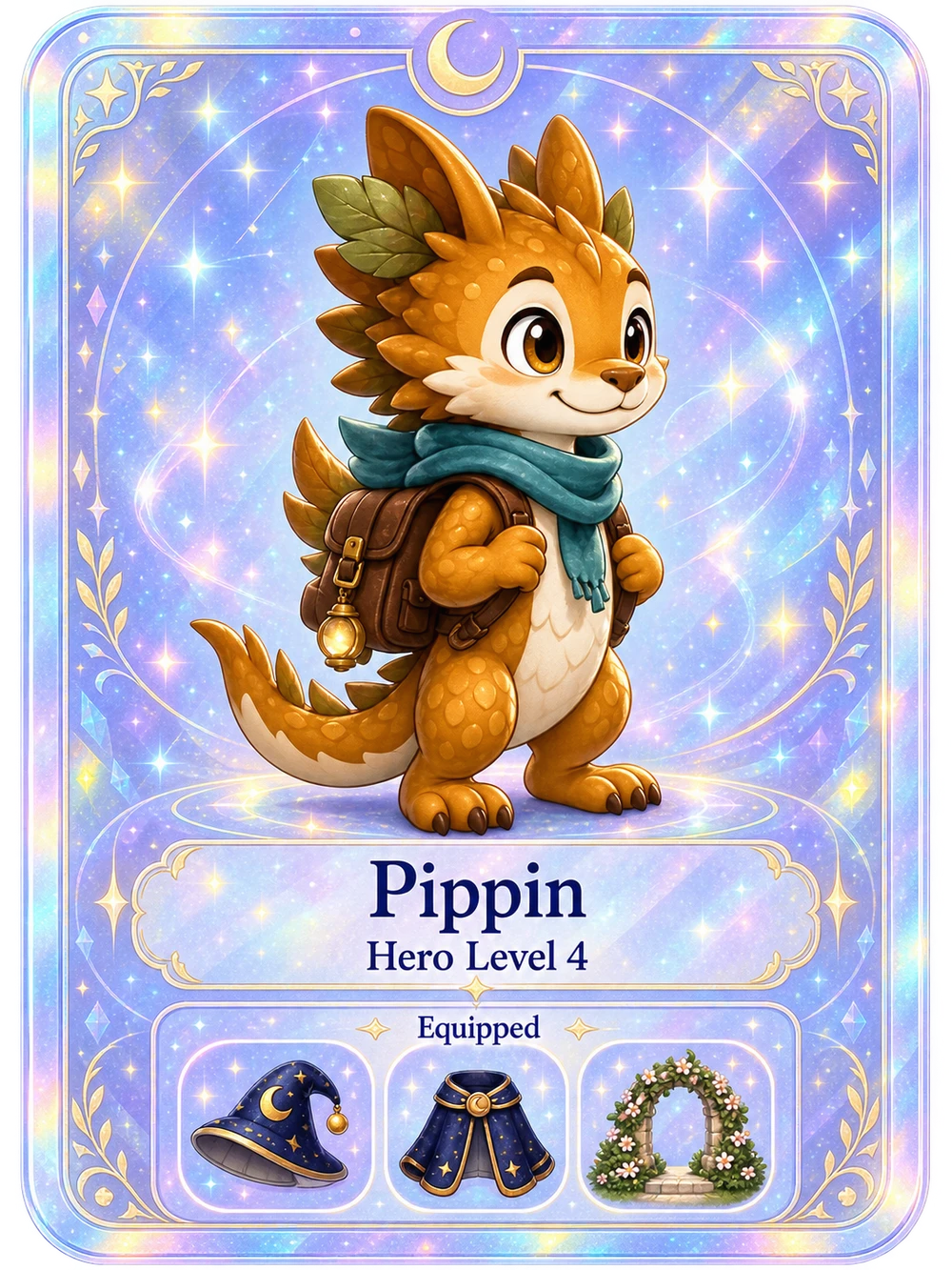 Pippin, Hero Level 4, with a Mooncap, cloak, and Cloud Garden equipped